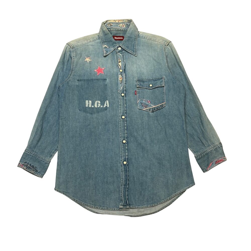 Vintage Hysteric Glamour Western Pearl Snap Denim Shirt Star Blue Mens S Y2K